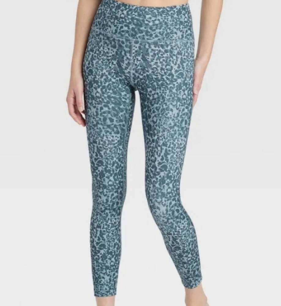 JoyLab Women's Teal Blue Leopard High-Rise Stretch Pocket Pull On 7/8 Leggings